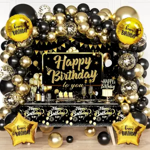 Black & Gold Birthday Party Set Balloon Arch, Foil Balloons, Tablecloth & Backdrop Decor