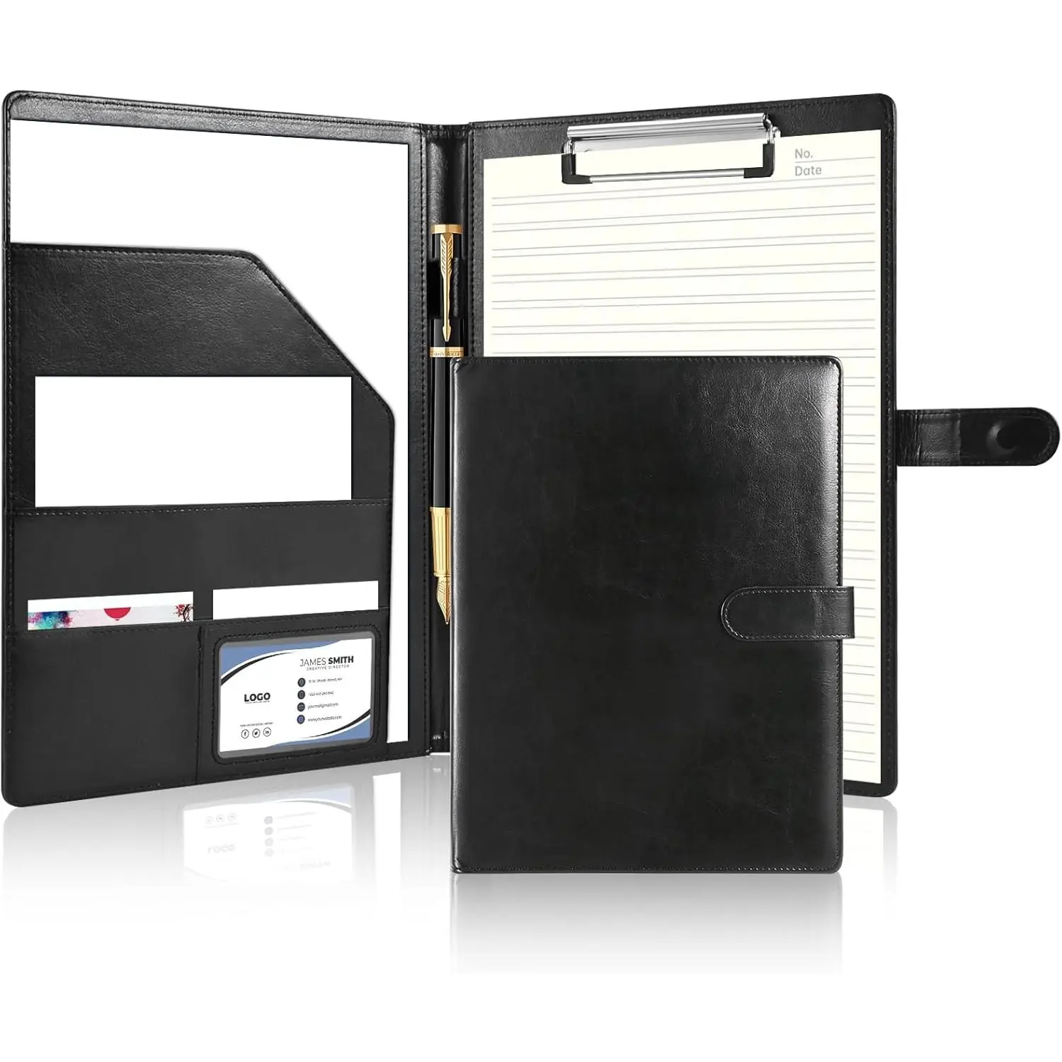 Synthetic Professional Portfolio Binder with Metal Clips & Clipboard, Faux Leather Padfolio Organizer for Adults’ Career Interview, A4 Letter Size Legal Pad Holder with Multi-Pocket Storage (Black)