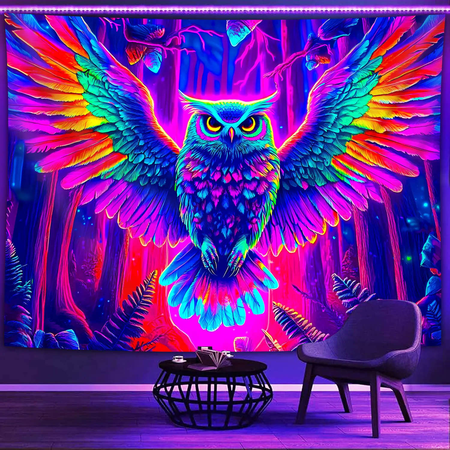 A UV Glow-In-The-Dark Tapestry Featuring a Rainbow Owl And Forest Glow Wall Decor, Large Peach And Cream Polyester with Hand-Stitched Edges, Wrinkle-Resistant, Suitable for Parties, Festivals, Home And Office Decoration, Owl-Themed Room Decor,family