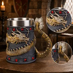 The Armored Kingdom 16oz Crimson Gold Wrapped Dragon Castle Mug - Mythic Design, Stainless Steel Interior, Ceramic Reusable Tumbler, Medieval Look, Collectible Fantasy Fan Drinkware Cup Washable