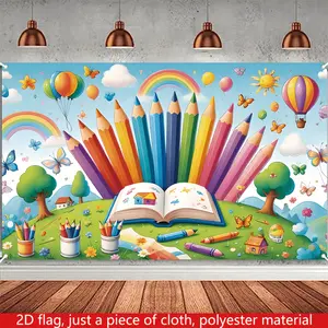Welcome Back School Banner, 2D Polyester Flag with Colorful Pencils, Rainbow and Butterflies, 70.8"x43.3", Indoor/outdoor Wall Decor