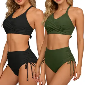 2 PACK Women's 2 Pieces Crisscross Back Bikini Set with Removable Pads Drawstring Ruched Swimsuit for Beach Pool