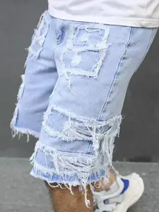 Men's Light Blue Distressed Ripped Knee Denim Shorts, Non-Stretch Frayed Patchwork Baggy Jean Shorts for Summer Streetwear