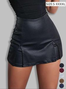 women's split hem high waist skinny pu shorts, casual fitted stretchy zip back faux leather skort for holiday club daily wear, summer shorts, lady bottoms for all seasons, going out bottoms, womenswear, feminine