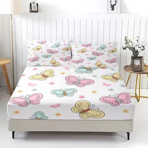 Pink Butterfly Sheets Set 3 pcs, 1 Fitted Sheet + 2 Pillowcases, Soft Microfiber Butterfly Bed Sheets With Deep Pocket 12"/30cm