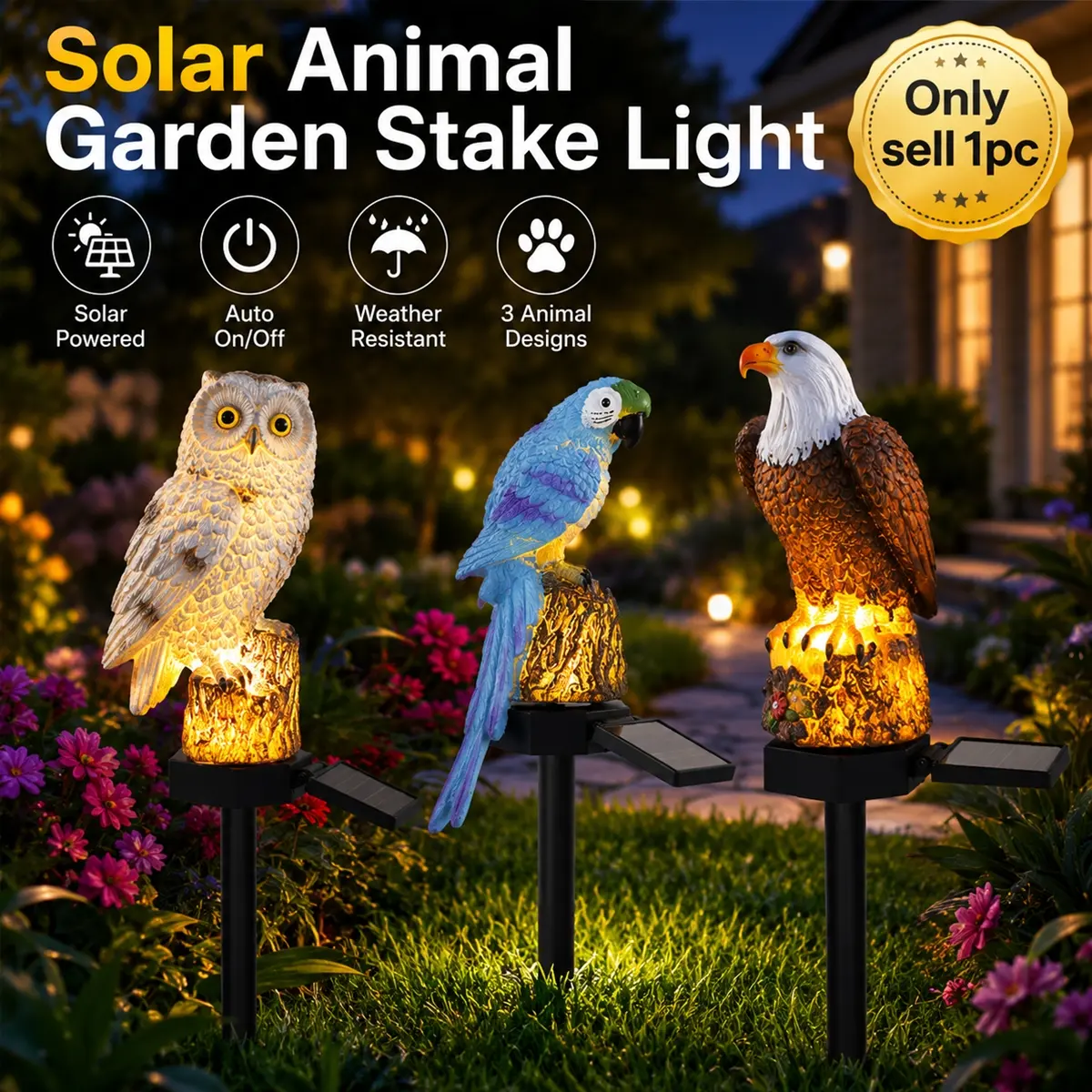 LED Solar Parrot Garden Light Resin Stake Lamp, Solar Stake Lights, Waterproof Dusk to Dawn Outdoor Decorative Pathway Light for Yard Patio Lawn Flower Bed Walkway Courtyard Garden Decor, Warm Glow Landscape Accent for Home Outside Driveway