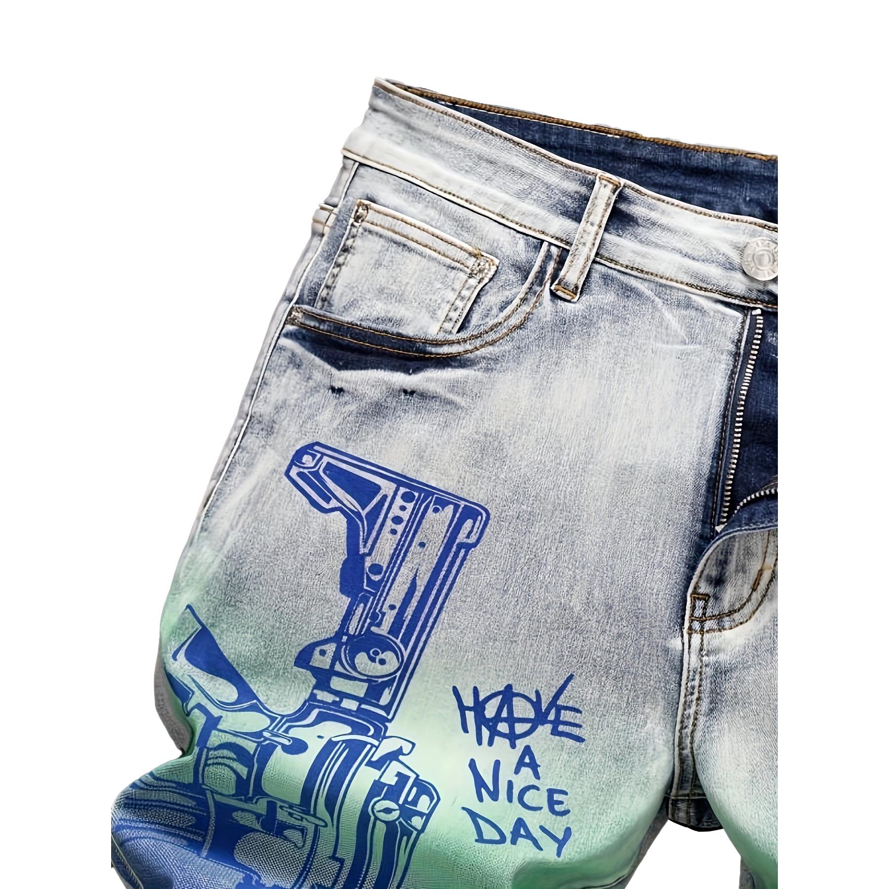 Men’s summer straight-leg blue distressed denim shorts with European/American fashion prints