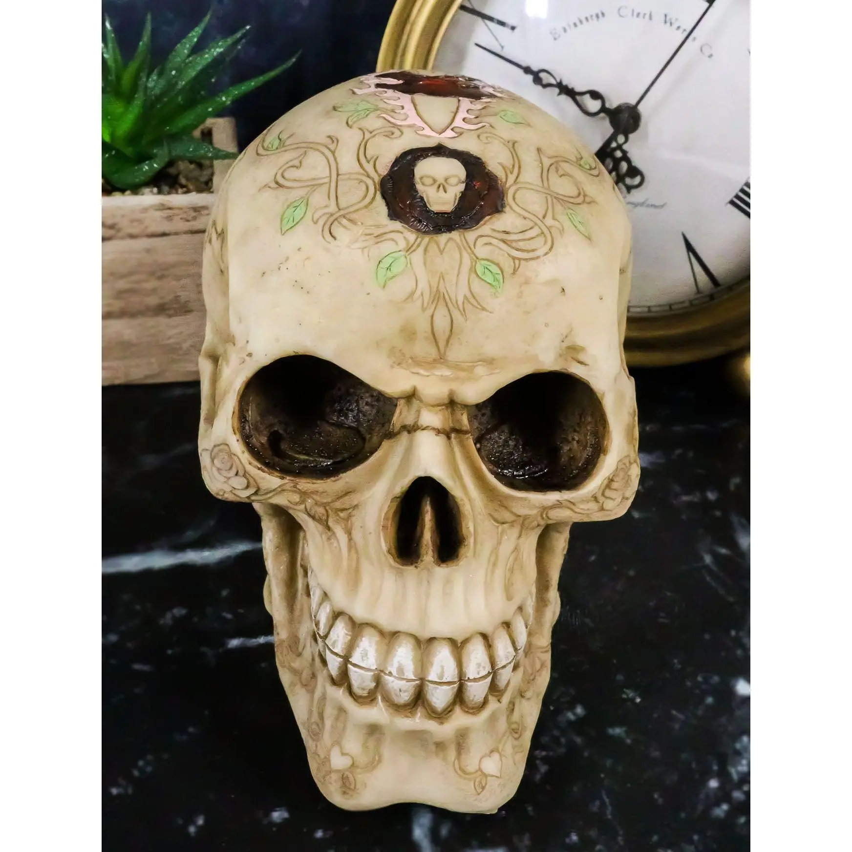 Handcrafted Resin Day of the Dead Floral Figurine - Sugar Skull, Dagger, Red Rose Vine, Petals, 6" Wide, 3.75" Deep, 4.75" High, 11 oz Home Desk Shelf Statue for DOD Altar, Halloween Decor, Figurines & Statues & Bobbleheads