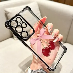 Phone Case Compatible with Samsung Galaxy S23 Ultra S24 Plus S26 S25 S22+ FE Pink Cherry  Pattern Transparent Lens Protection Durable Soft Silicone Cover iPhone case Gift, Accessories, Cellphone