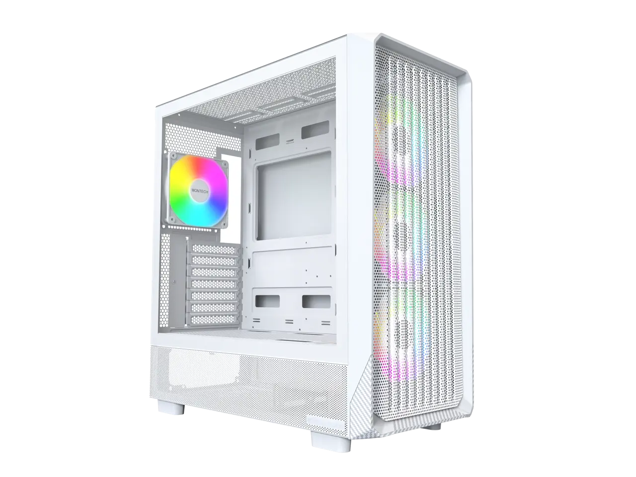 MONTECH X5- ATX Mid-Tower Gaming PC Case, High Airflow, 3x 140mm and 1x 120mm Fans Pre-installed, Glass Side Panel, Carbon Print Accents, GPU Holder Included, White