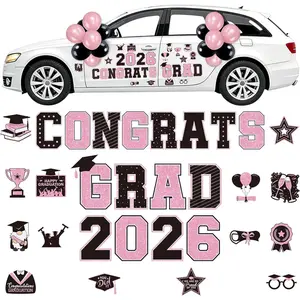 Graduation Car Magnets 2026, 46PCS Pink Black Graduation Car Decorations 2026 with Balloons, Congrats Grad Car Magnets and Decals Decor Supplies for Grad Parade Party