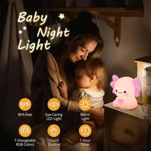 Axolotl  Baby Night Light — White Noise, Soothing Sleep Aid for Infants & Kids，7 RGB Colors, Guided Breathing (Voice+Light) | Tap Ctrl, USB-C, BPA-Free Silicone