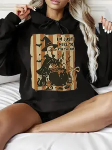 Women'S 360g Heavyweight Hooded Sweatshirt - Witch & Bats Print "I'm Just Here to Stir the Pot" Graphic, Oversized Loose Fit with Kangaroo Pocket, Adjustable Drawstring Hood, Casual Fall Winter Pullover for Halloween Fabric Fleece Breathable Cloud