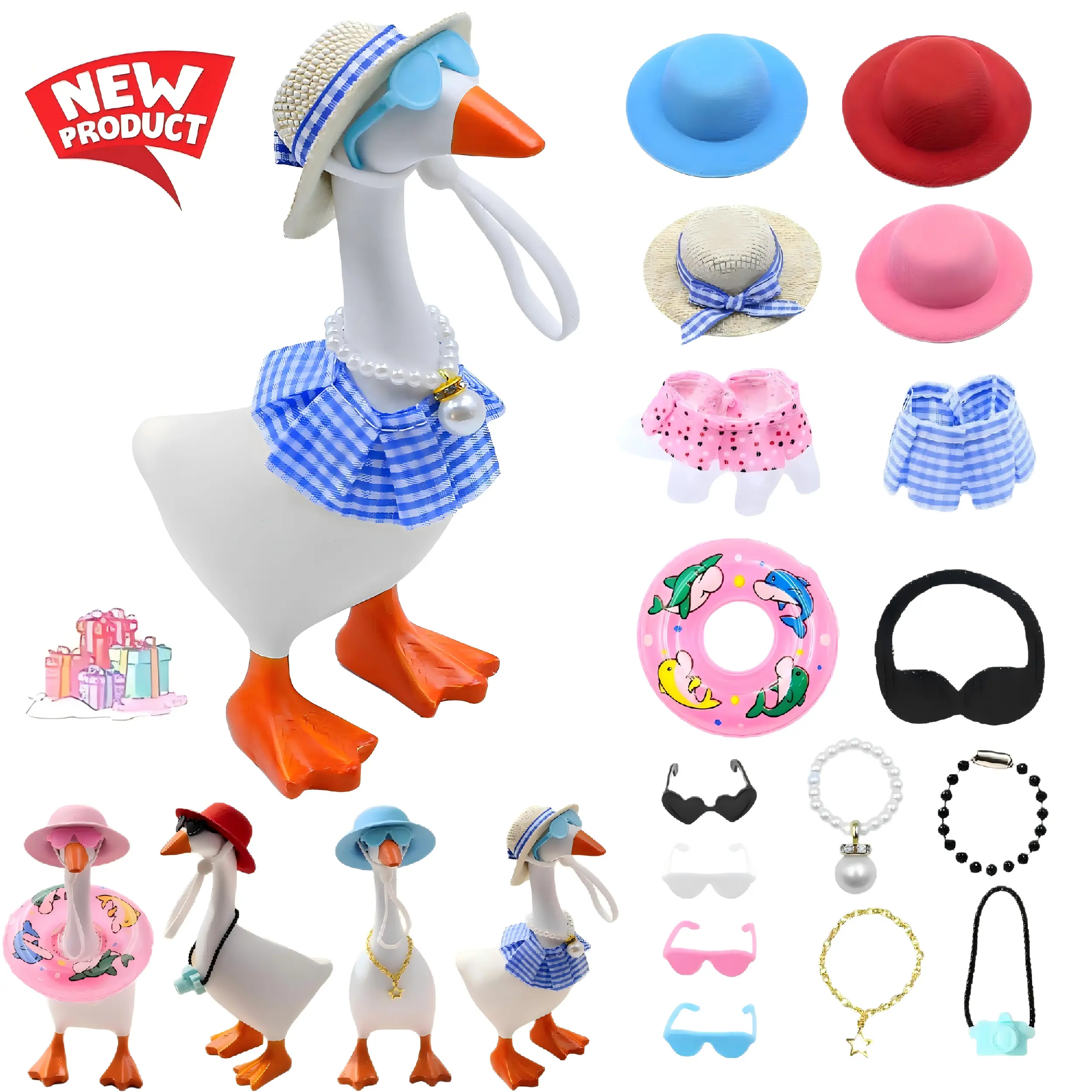 7 Inch Mini Desk Goose Costume Set - 16PCS Outfits with Hats, Sunglasses, Bikini, Magnetic Porch Goose Key Holder Decor, Office Gifts & Photo Prop
