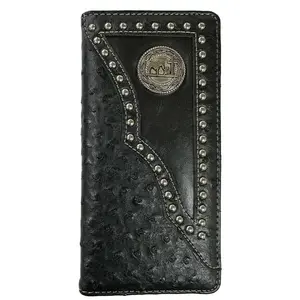 Men’s Western Bifold Wallet Black Ostrich Print Leather Longhorn Design