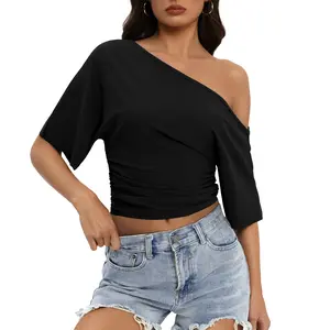WIETRY Oversized Off The Shoulder Top - Effortless Chic Slouchy Fit Tee Slimming Soft Short Sleeve Summer Fashion 2026 /W9