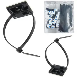 Self Adhesive Wire Clips  Zip Tie Mounts 1" with 8 Inch Zipties Black UV Protection Outdoor 100 count,Sticky Wire Fasteners  Guide Management Mounting Suqare Holder Anchor Base large