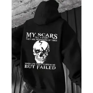 [Skull Graphic Hoodie] Comfortable Men's Skull Graphic Hoodie - "My Scars Tell a Story" Print, Long Sleeve, Casual & Versatile Top - Fall/Winter Drawstring Hood