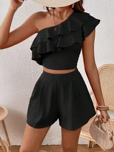 Women's Solid Color Short Sleeve Top and Shorts Set, Casual Two-Piece with Ruffle Hem, Perfect for Vacation Wear
