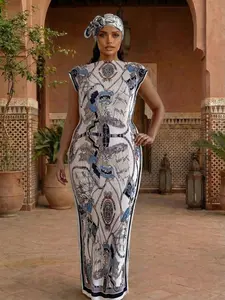 Elegant Ruffled Bodycon Moo Moo Long Dress Set, Horse Print Robe Hooded Shawl + Long Silk Scarf, Women's Beach Sun Protection Wrap