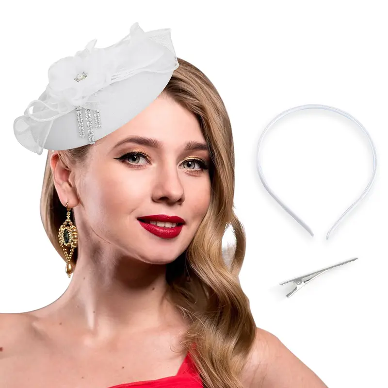 Derby Fascinator Hat with Satin Bow Feathers Pearls Rhinestones for Wedding Tea Amazon.com: KELEBB Fascinators Hat for Women Tea Party  main image 2
