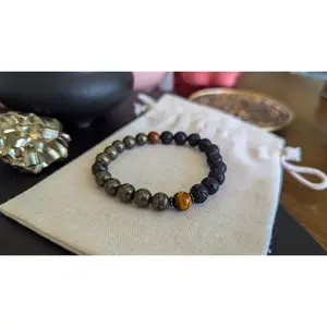 Lava Rock, Pyrite & Tiger's Eye Wrist Mala and Pocket Mala Set  Reiki-Infused Bracelet for Strength, Protection and Grounding