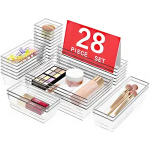 28 count Clear Plastic Drawer Organizers Set, 4-Size Versatile Bathroom and Vanity Drawer Organizer Trays, Storage Bins for Makeup, Bedroom, Kitchen Gadgets Utensils and Office