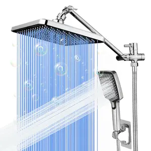 Upgraded 11.8-inch high pressure rain shower head, paired with a 3-setting handheld shower, 9.65" extension arm, 59" hose, showerhead holder, 3-way water diverter, leak-proof washer,teflon tape, bathroom accessories，chrome，black