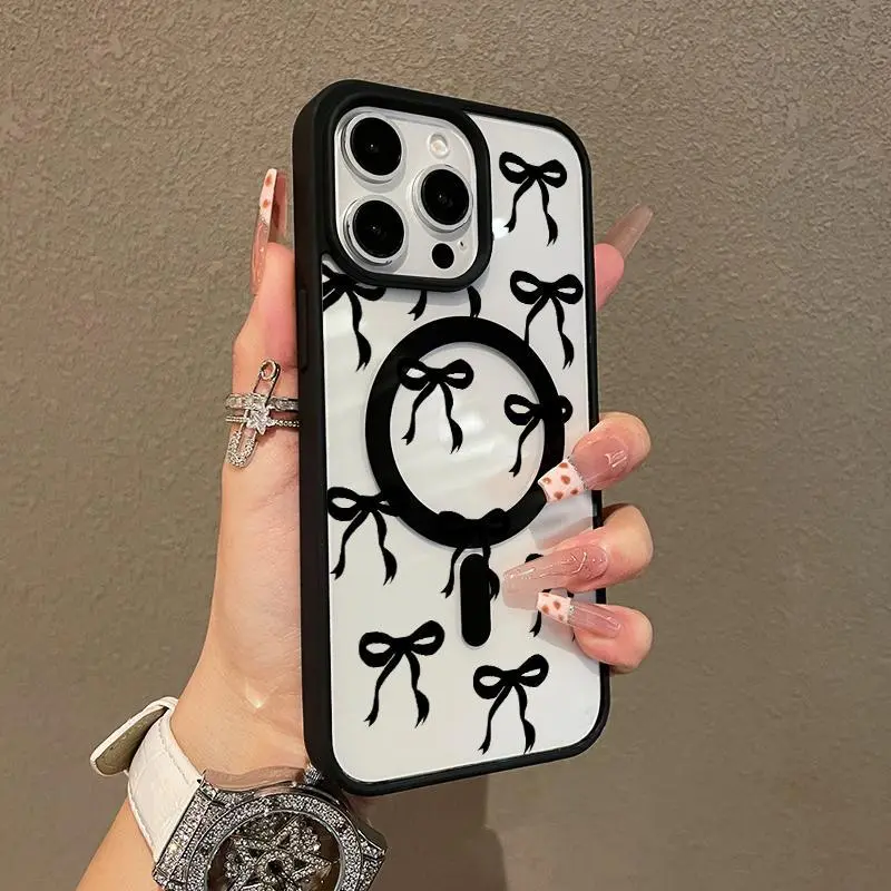 Premium Magnetic Smartphone Casing - Anti-Fall, Y2K Black Bow Aesthetic Cover for iPhone 11/12/13/14/15/16/17 Pro Max, Handheld Cellphone Accessory, Everyday Use Protector with Screen Resistance, Accessories, Devices