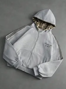 Men's Hooded Jacket Fleece Lined Warm Design Cotton Blend Fabric Zipper Closure Loose Fit Medium Length Single Piece Leopard Inner Sporty Style Cotton Hoodie