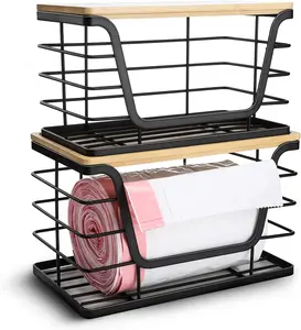 2 Pack Trash Bag Dispenser & Garbage Holder – Stackable Wall Mount Storage Organizer with Bamboo Top, No Drill Roll Holder for Kitchen, Bathroom, Laundry & Under Sink Countertop Organization