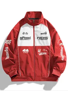 Men's M&m Racing Jacket, Vintage Moto Style Patchwork Bomber Coat, Streetwear Track Letter Print Baseball Jacket, 2000s Speed Racing Design