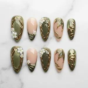 Sage Green Luxury Press On Nails: 3D White Flower Gold Chrome Reusable Nails