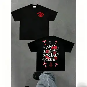 Unisex Anti Social Social Club Loose Graphic Tee Gothic Red Rose & Cross Print Black Casual Streetwear T-Shirt For Gen Z Urban Fashion