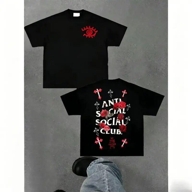 Unisex Anti Social Social Club Loose Graphic Tee Gothic Red Rose & Cross Print Black Casual Streetwear T-Shirt For Gen Z Urban Fashion