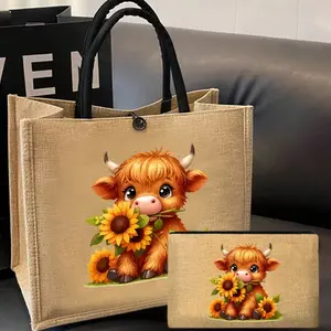 Highland Cow Linen Handbag, Cartoon Cow Pattern Bag & Matching Makeup Pouch, Personalized Gift Bag, Travel Essential, Summer Women's Bag, Casual Lightweight Bag