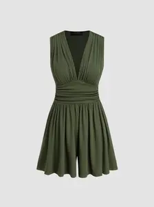 Cider V-neck Solid Ruched Pocket Romper