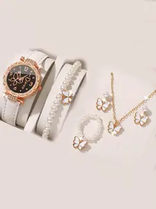 6-piece set of ladies' watches, fashionable and personalized minimalist wristwatches with butterfly pearl strap watch set