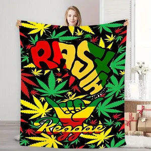 Rasta Style Colorful Leaf Flannel Blanket - Reggae Music Culture Inspired, Green, Red & Yellow Fusion Design, Soft Polyester Throw For Home Decor, All-Season Versatile Use, Decorative Throw Blanket |   Vibrant Leaf Pattern |   Digital Print Blanket, Rasta