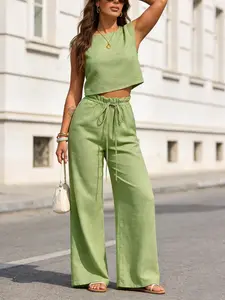 Women’s Linen 2 Piece Set, Crop Top & Wide Leg Pants, Drawstring Waist, Summer Vacation, Beach Resort Wear, Effortless Chic Style