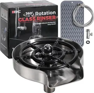Stainless Steel Glass Rinser with Drying Mat | Powerful 360° Cup Washer for Sink - Cup Rinser Sink Attachment - Quick Glass Washer for Sink | Kitchen Sink Faucet Glass Washer (360 Rotating)