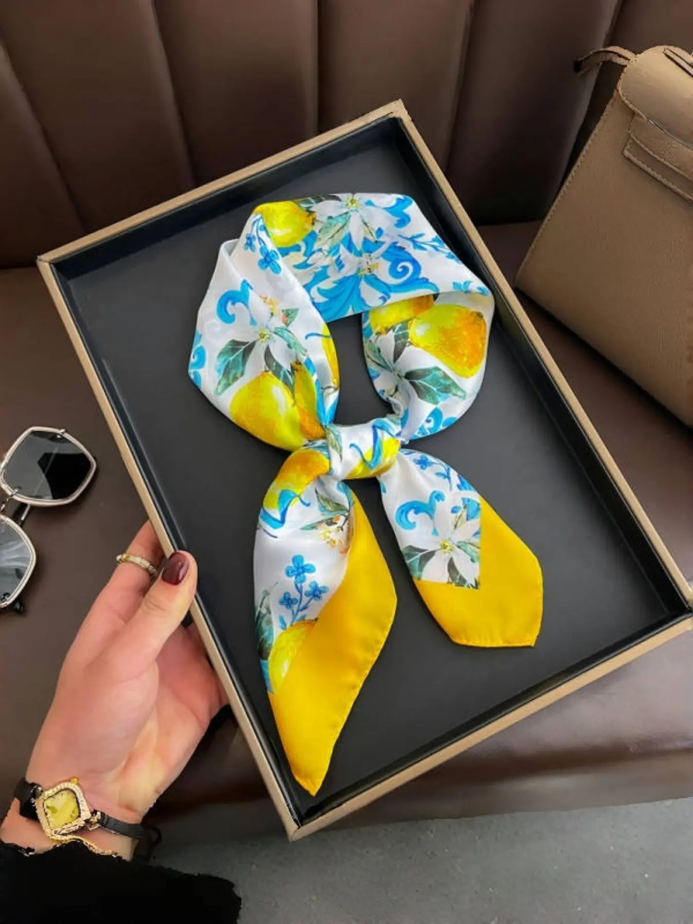 Yellow Lemon & Flowers Print Square Scarf Lemon Yellow Magnolia Flower Patterned Twill Silk Square Scarf main image 4