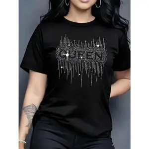 Queen Rhinestone Drip Graphic Tee Womens Oversized Black Crewneck Short Sleeve Soft Stretch Casual Streetwear Y2K Bling Top For Party Night Out