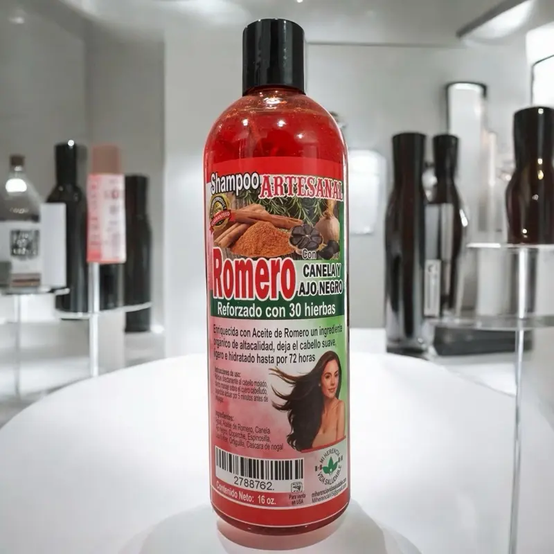 Shampoo artesanal De Romero con canela y ajo negro- reforzado con 30 hierbas naturales 16oz