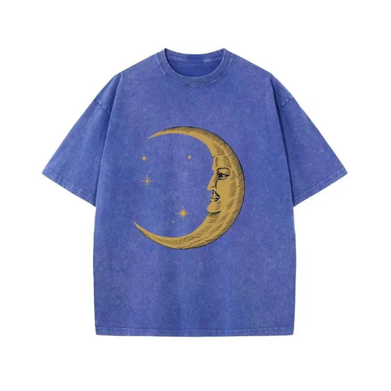 230g Washed, Moon And Stars Accompanied By Printed T-Shirts, High-Quality Batik Cotton Vintage Fashion Brand T-Shirts, Beach Essential, Men's Summer T-Shirts, Holiday Gifts, Perfect Gifts.