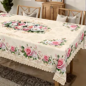 Elegant Vintage Rose Floral Tablecloth Suitable for Spring & Summer Decor - Pink & White Roses on Light Beige Rectangular Table Cover, Machine-Made Suitable for Weddings, Parties, Indoor/Outdoor Use, -Care Table Setting
