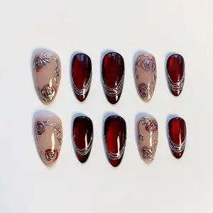 Burgundy Nails/Dark Red Cat Eye Nails/Red Rose Nails/Fall Nails/Fall Press on nails long almond nails/3D Silver Chrome Nails/Bling Nails QTOG7L