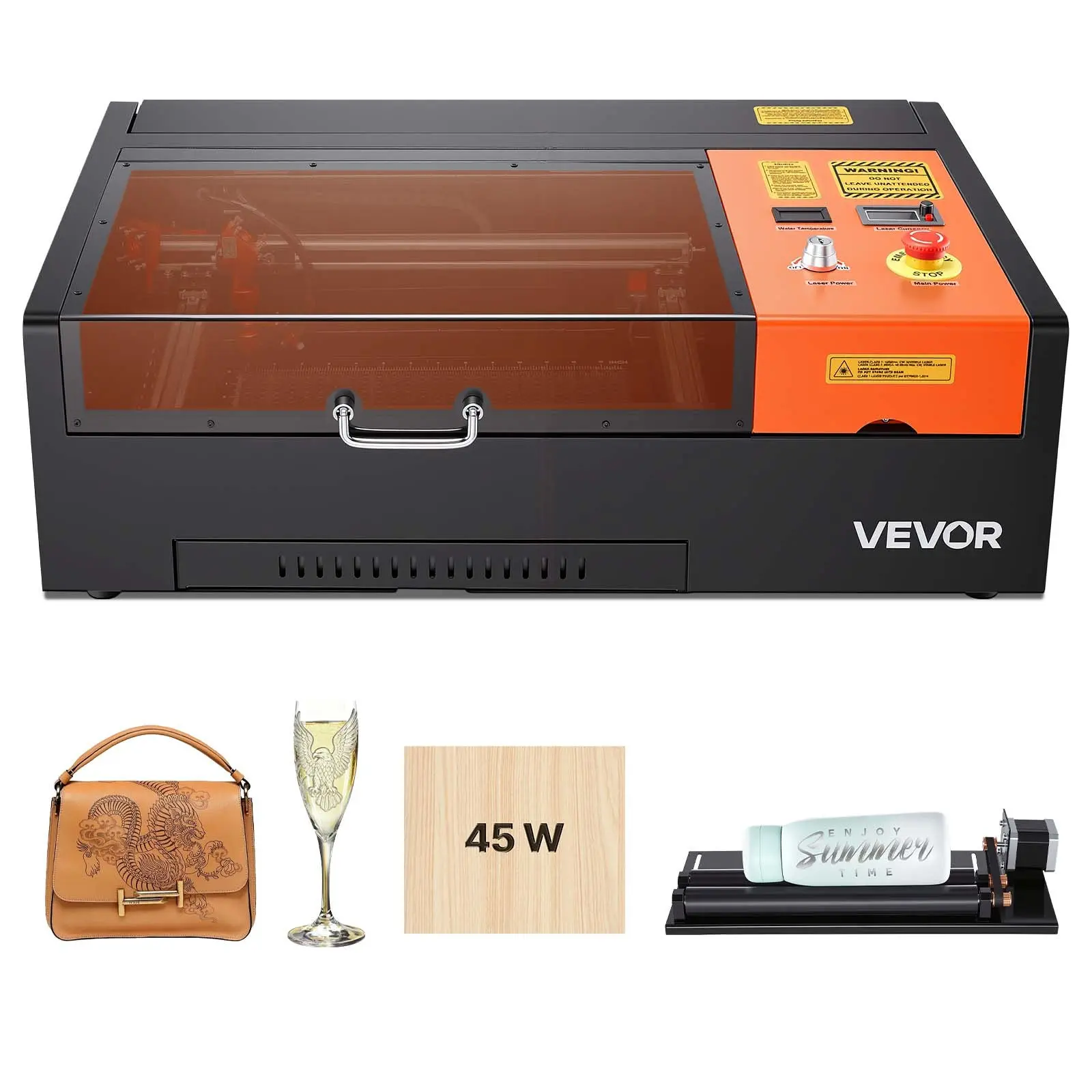 VEVOR 45W CO2 Laser Engraver, 12 x 8 in, Desktop CO2 Laser Engraver Cutter Machine with Rotary Axis, Air Assist, Engraving Machine Compatible with LightBurn CorelDRAW GRBL, for Wood Acrylic Glass