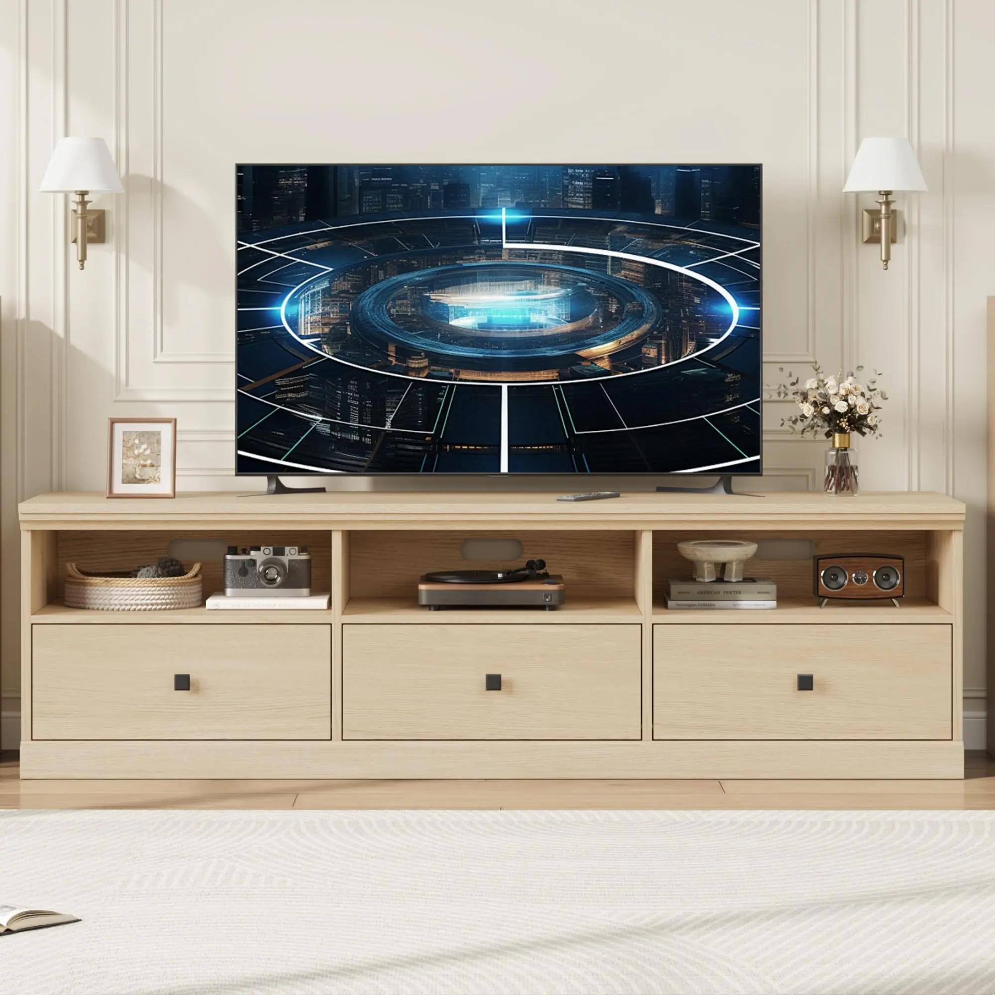 GARVEE Wooden TV Stand for 75 Inch TV,Media Console Table with 3 Drawers and Opening Shelves,TV Console Media Cabinet for Living Room,Bedroom,Oak