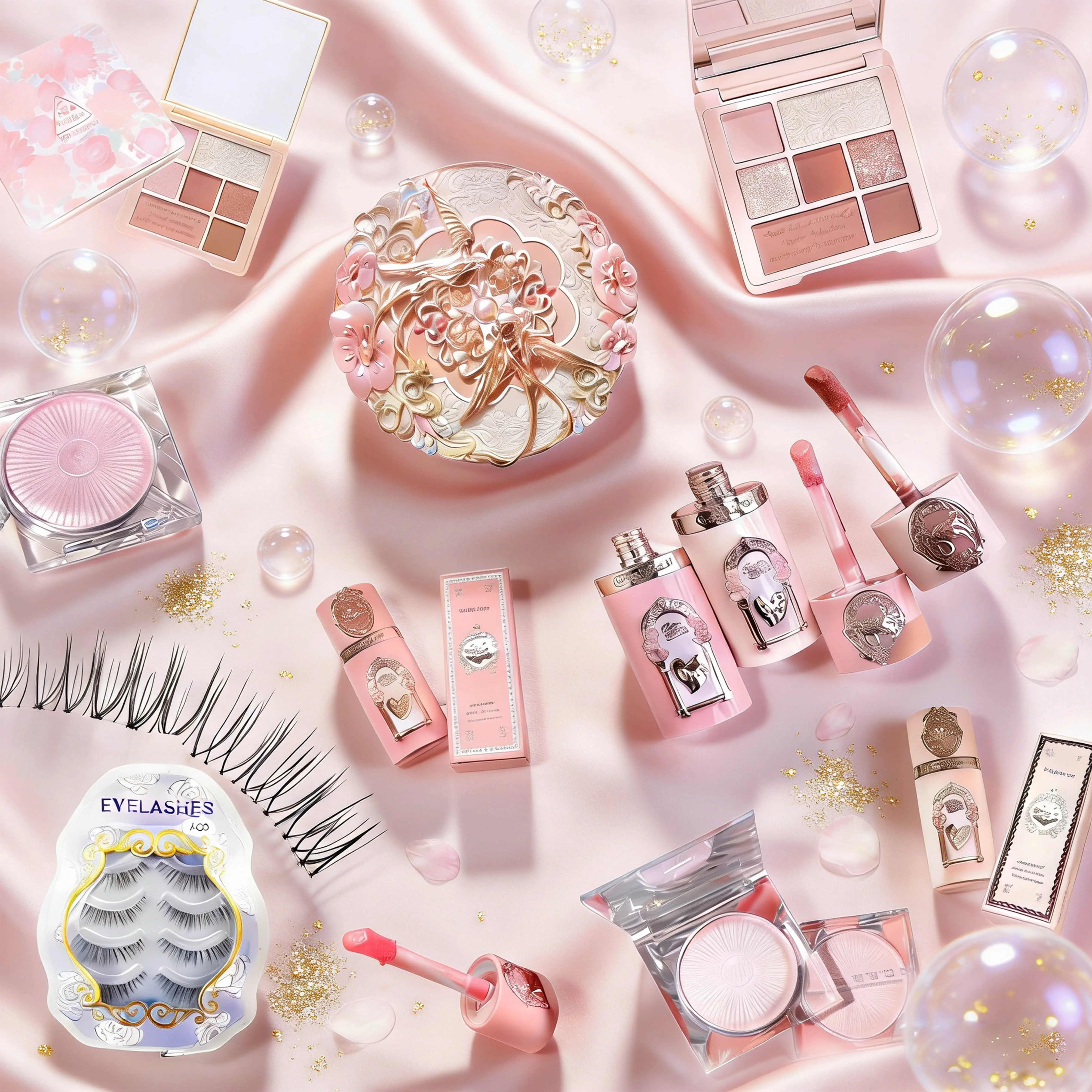 Full face makeup set including eyeshadow palette, lip gloss, blush liquid, highlighter and false eyelashes. Glossy ，Cosmetic Glam Set